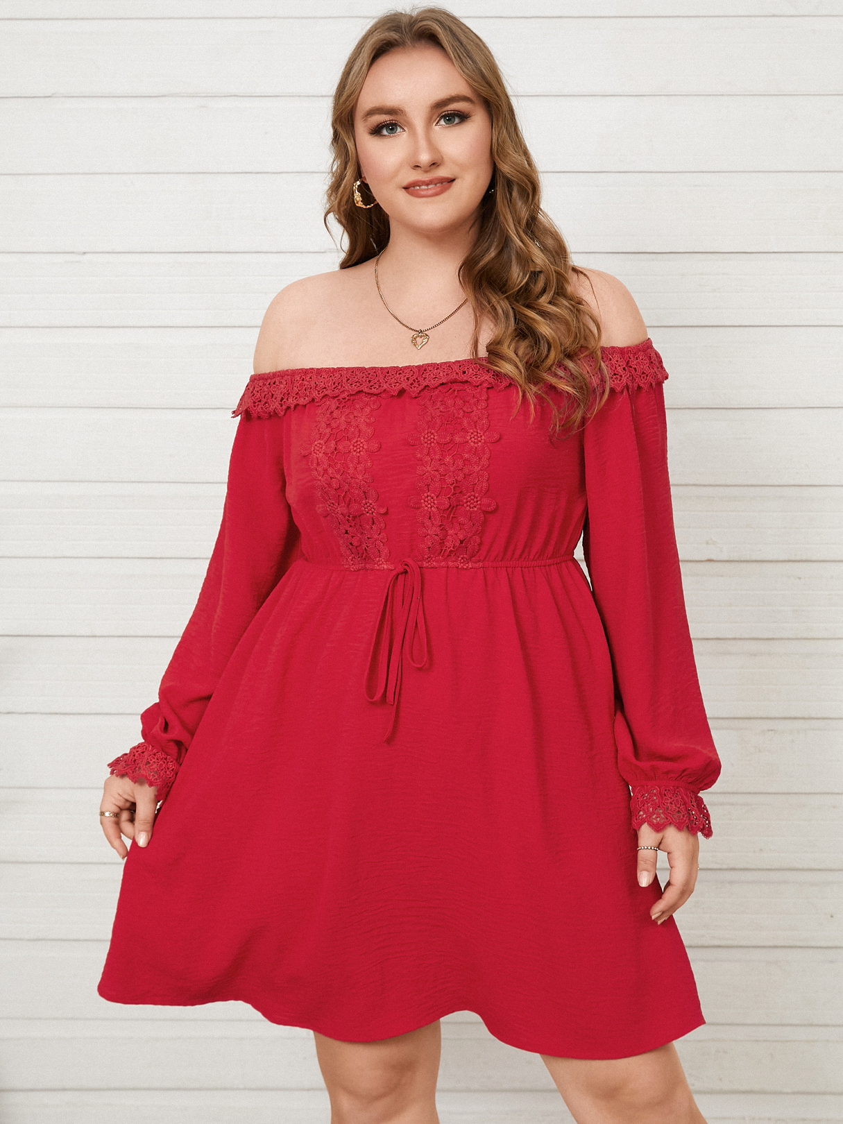 YOINS Plus Size Off The Shoulder Tie-up Design Patchwork Design Long Sleeves Dress