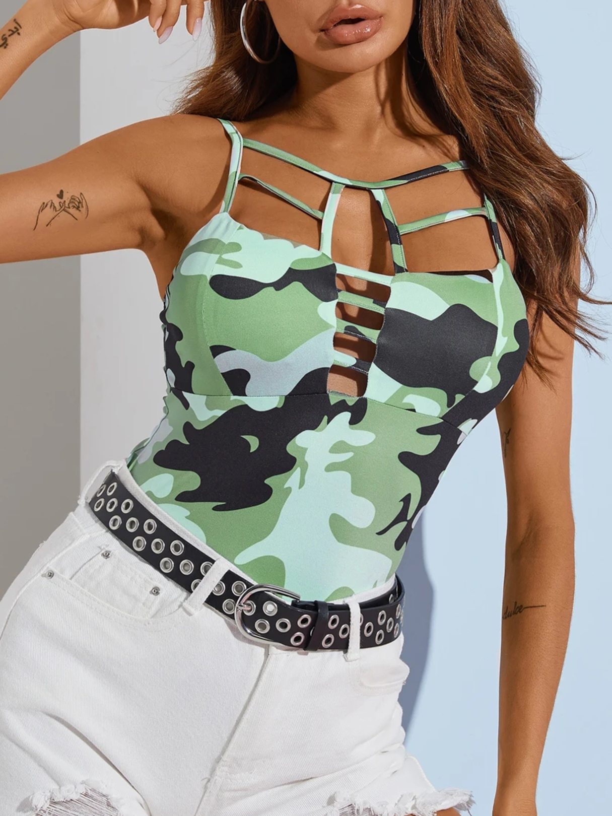 YOINS Army Green Camo Cut Out V-Neck Sleeveless Cami