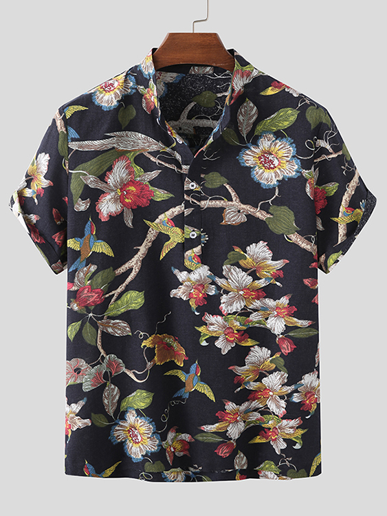 INCERUN Men Summer Holiday Beach Stand Collar Bird Animal Floral Shirt