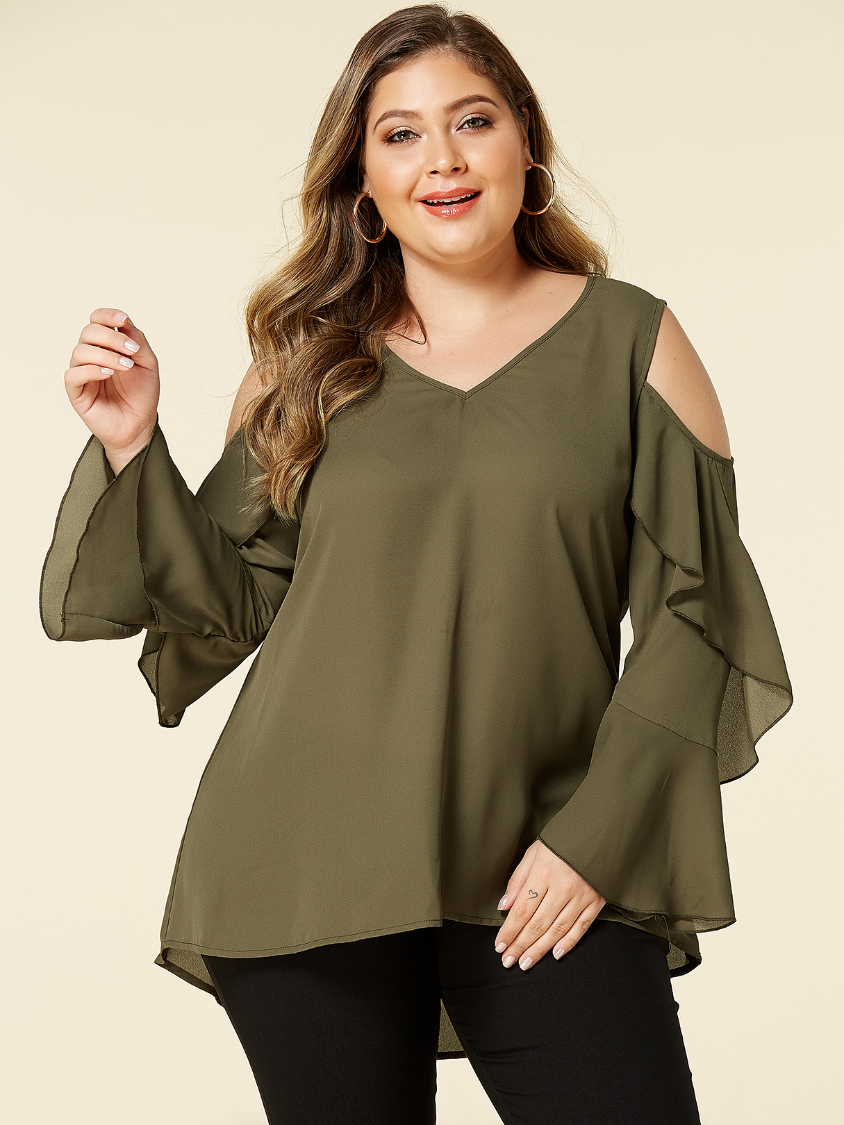 YOINS Plus Size Army Green Cold Shoulder Long Sleeves Blouse