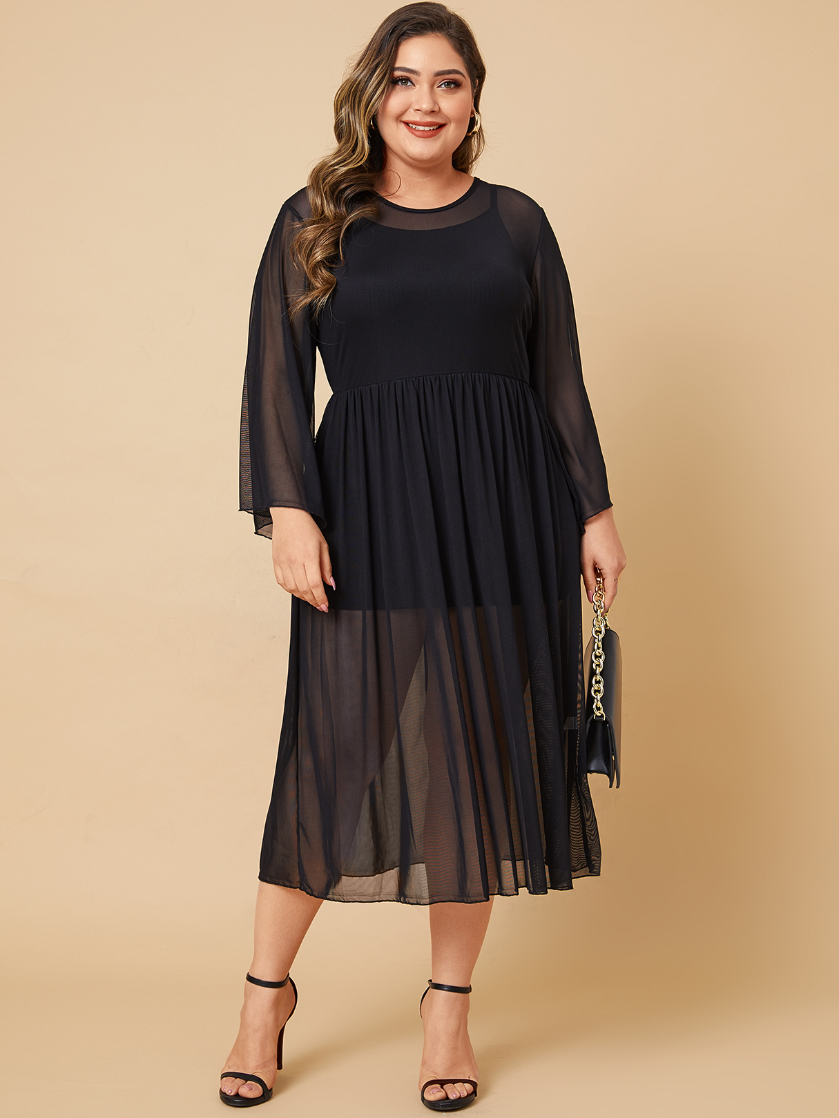 Plus Size Black Mesh Round Neck Long Sleeves Dress
