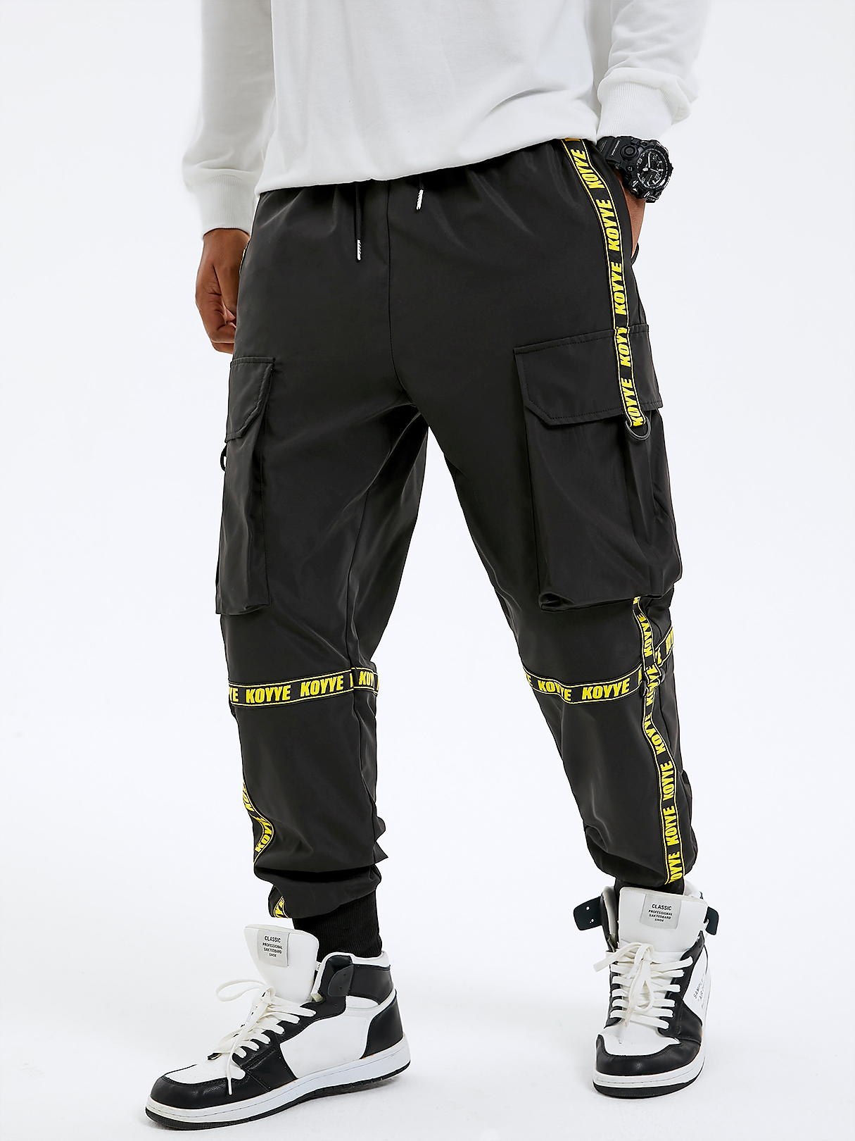 Men Street Style Letter Buckle Ribbon Design Drawstring Cargo Pants