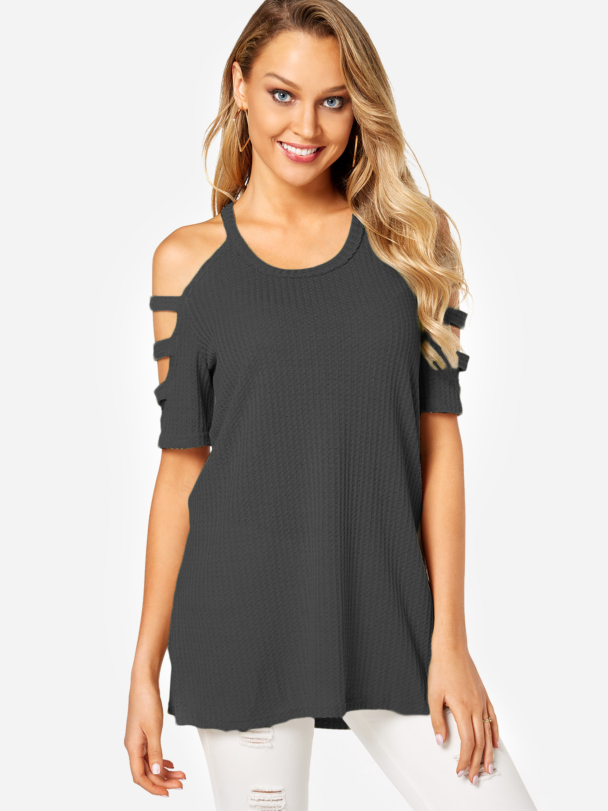 Grey Slit Cold Shoulder Fashion T-shirts