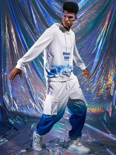 Men Hip Hop Style Digital Distortion Letter Landscape Print Drawstring Hoodie