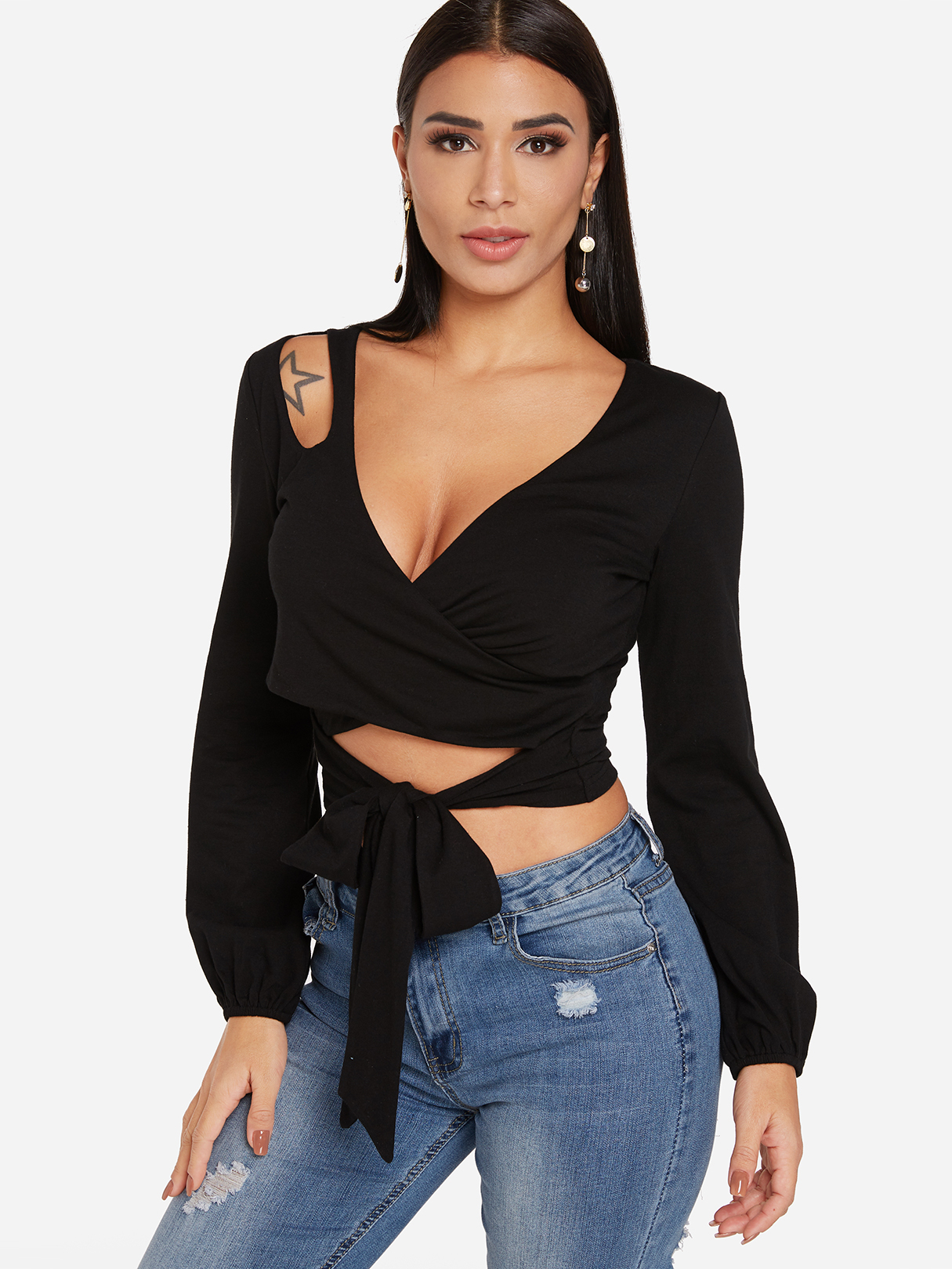 Black Cut Out Self Tie Design Crossed Collar Crop Top