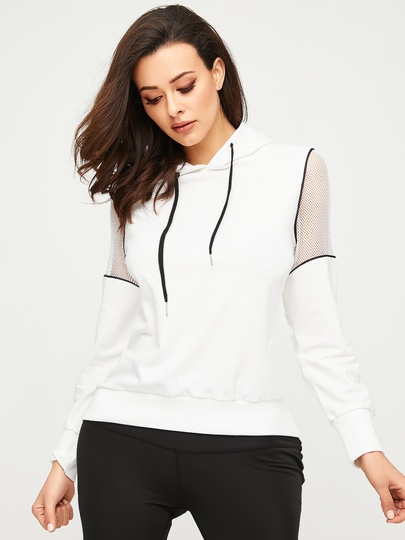 YOINS White Fishnet Mesh Splice Drawstring Hoodie
