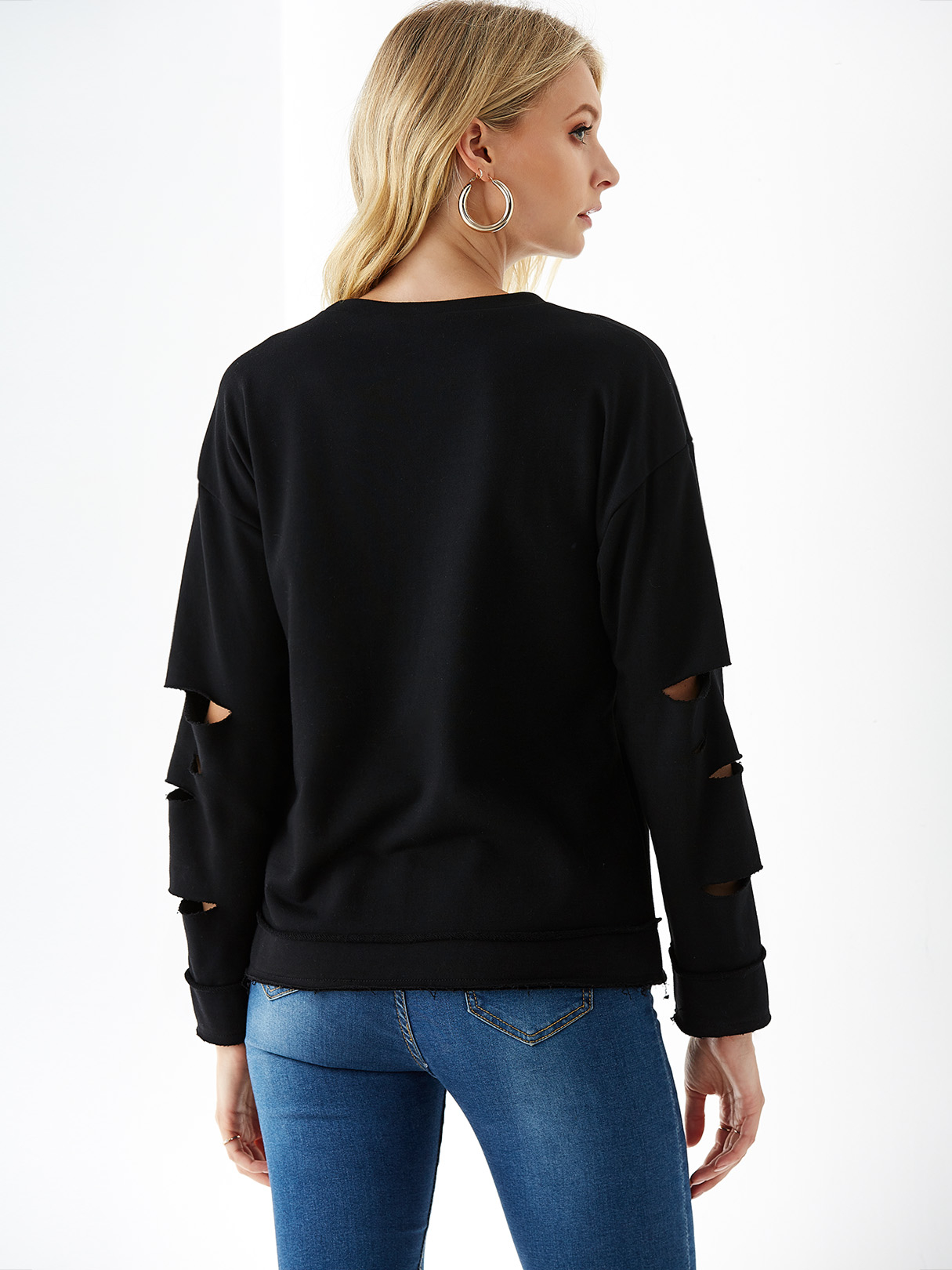YOINS Black Round Neck Cut Out Long Sleeves Tee