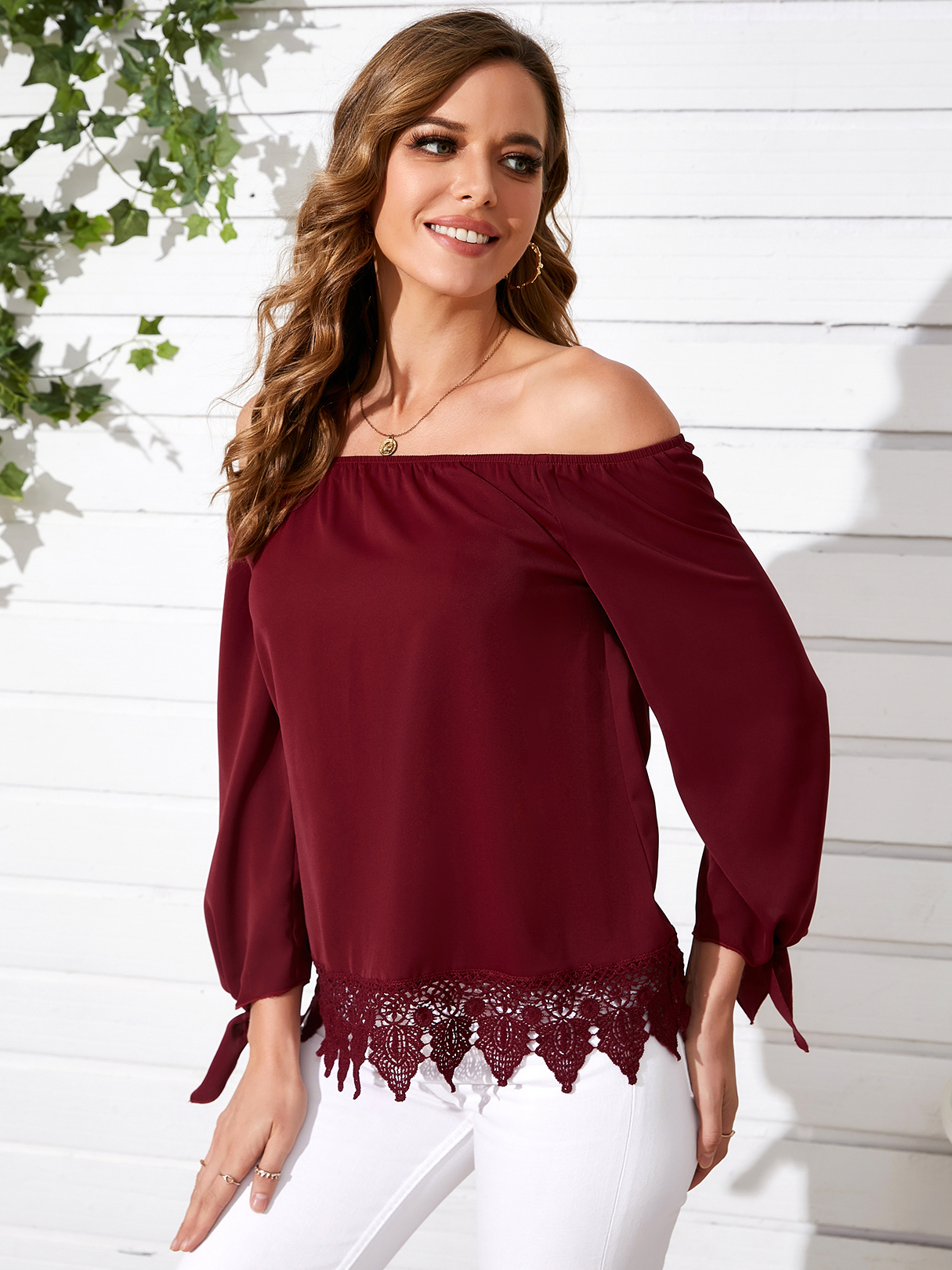 YOINS Burgundy Lace Hem Off The ShoulderLong Sleeves Blouse