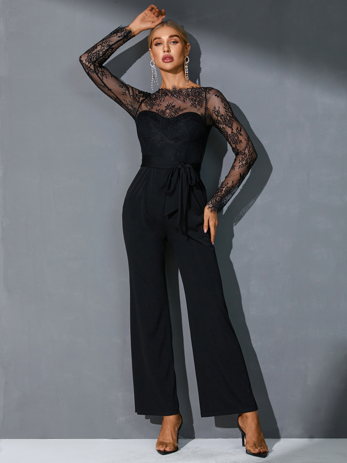 YOINS Black Patch Lace Long sleeves Jumpsuits