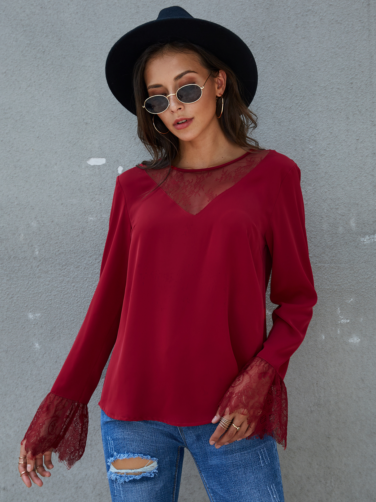 YOINS Burgundy Lace Details Round Neck Long Sleeves Blouse