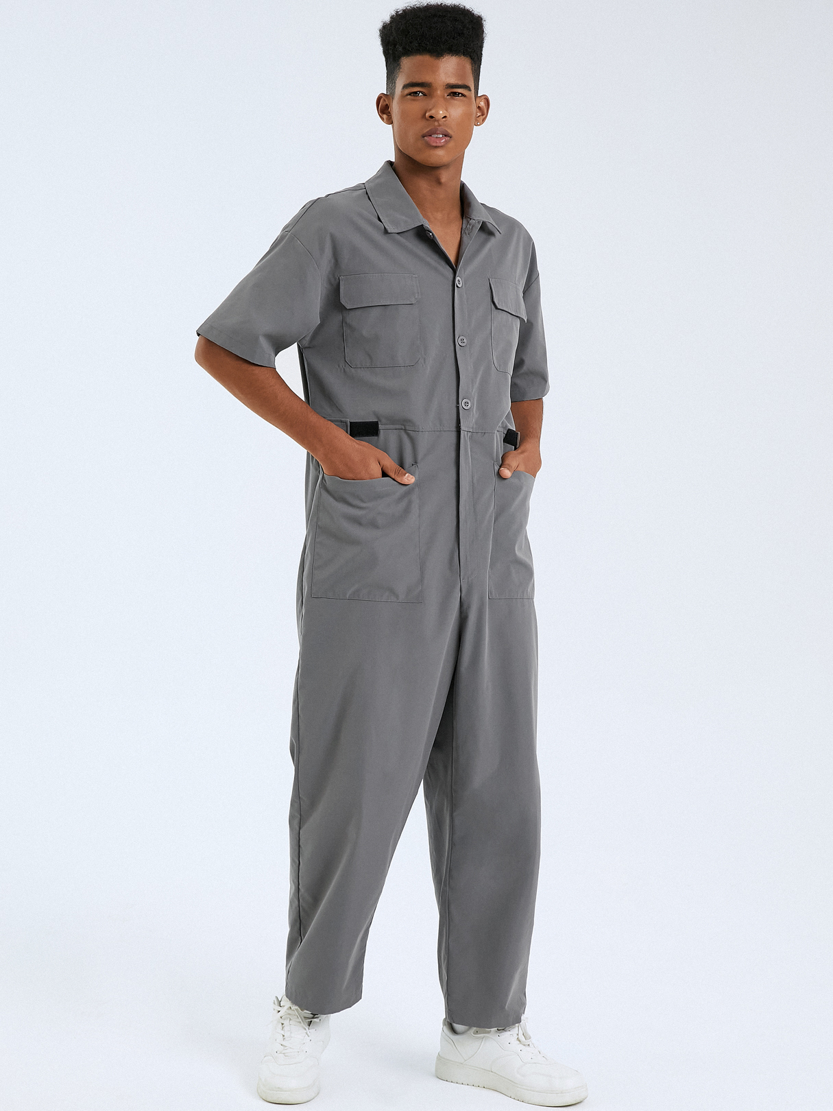Men Casual Button Design Multi-Pocket Short Sleeve Overalls Jumpsuit