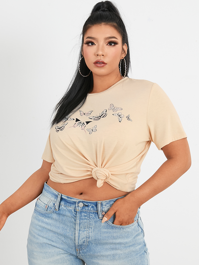 YOINS Plus Size Crew Neck Butterfly Graphic Short Sleeves Tee