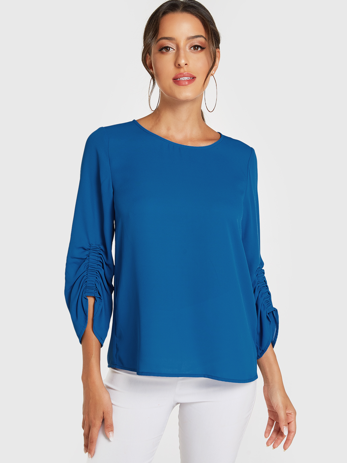 YOINS Blue Round Neck 3/4 Length Sleeves Blouse