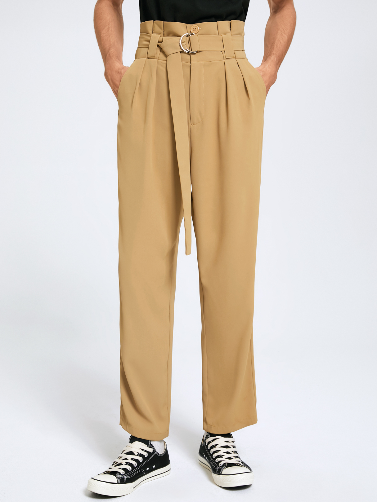 Men Casual Belt Design Pleated High Waist Casual Pants