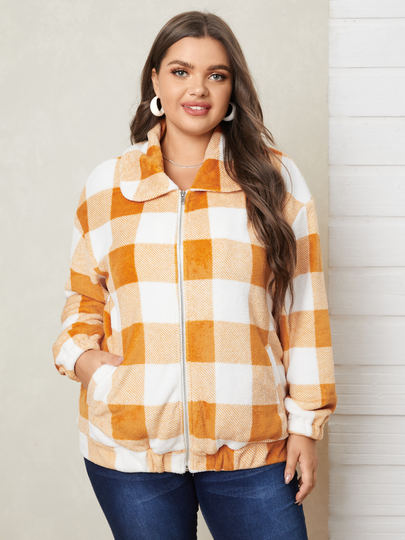 YOINS Plus Size Lapel Collar Plaid Zip Front Pocket Long Sleeves Jacket