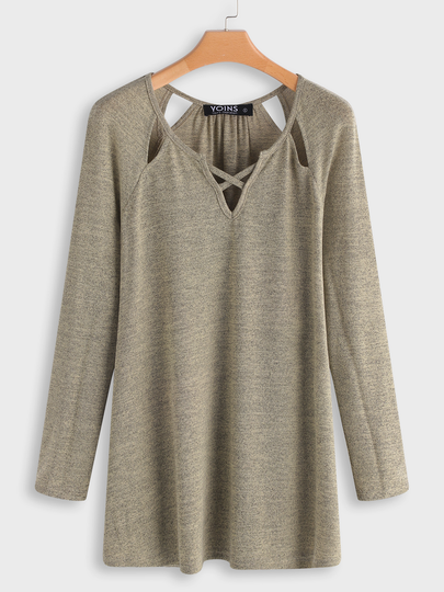 Beige Criss-cross Plain Scoop Neck Long Sleeves T-shirts