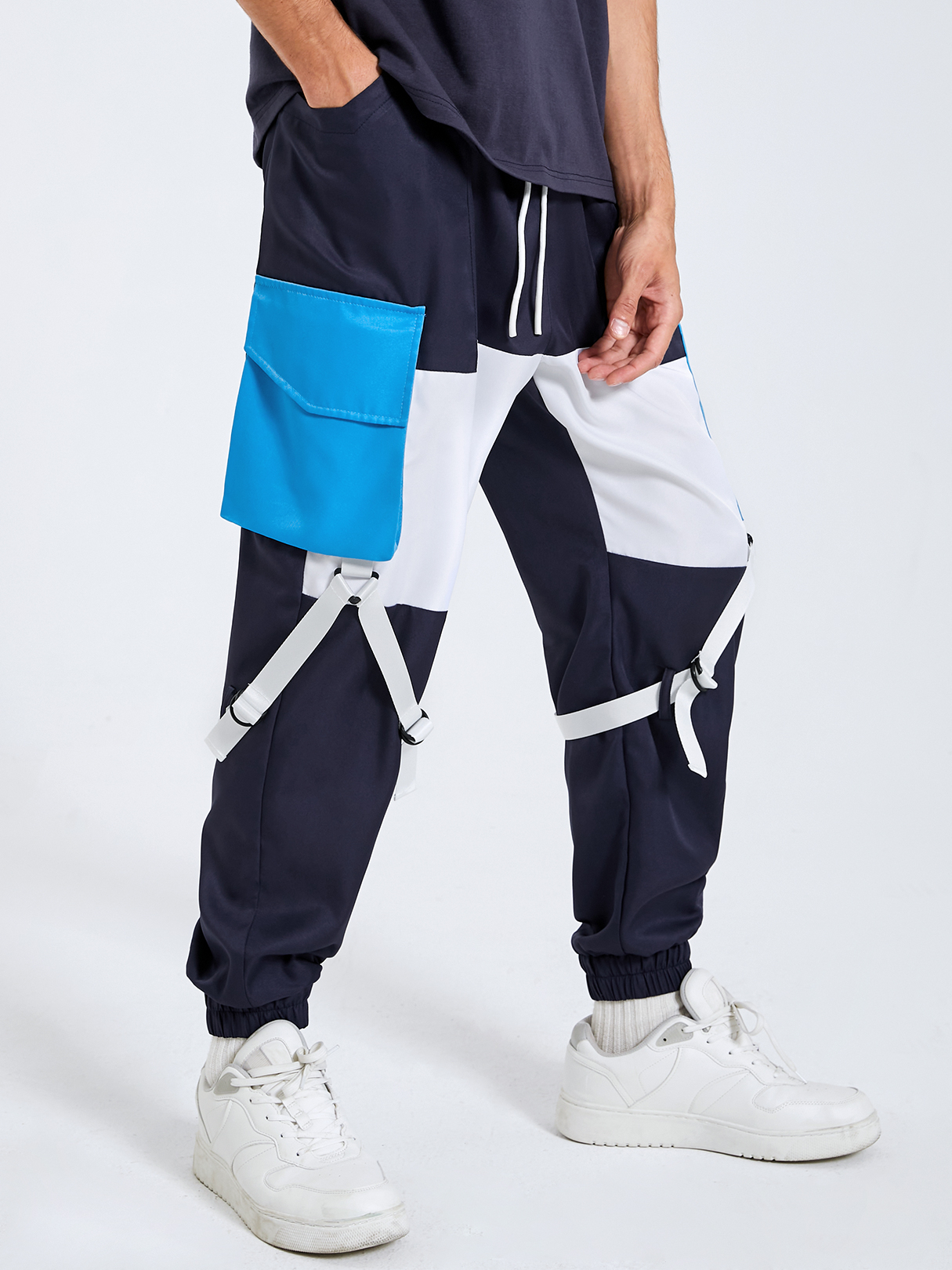 Men Street Style Color Block Ribbons Design Flap Pocket Cargo Pants