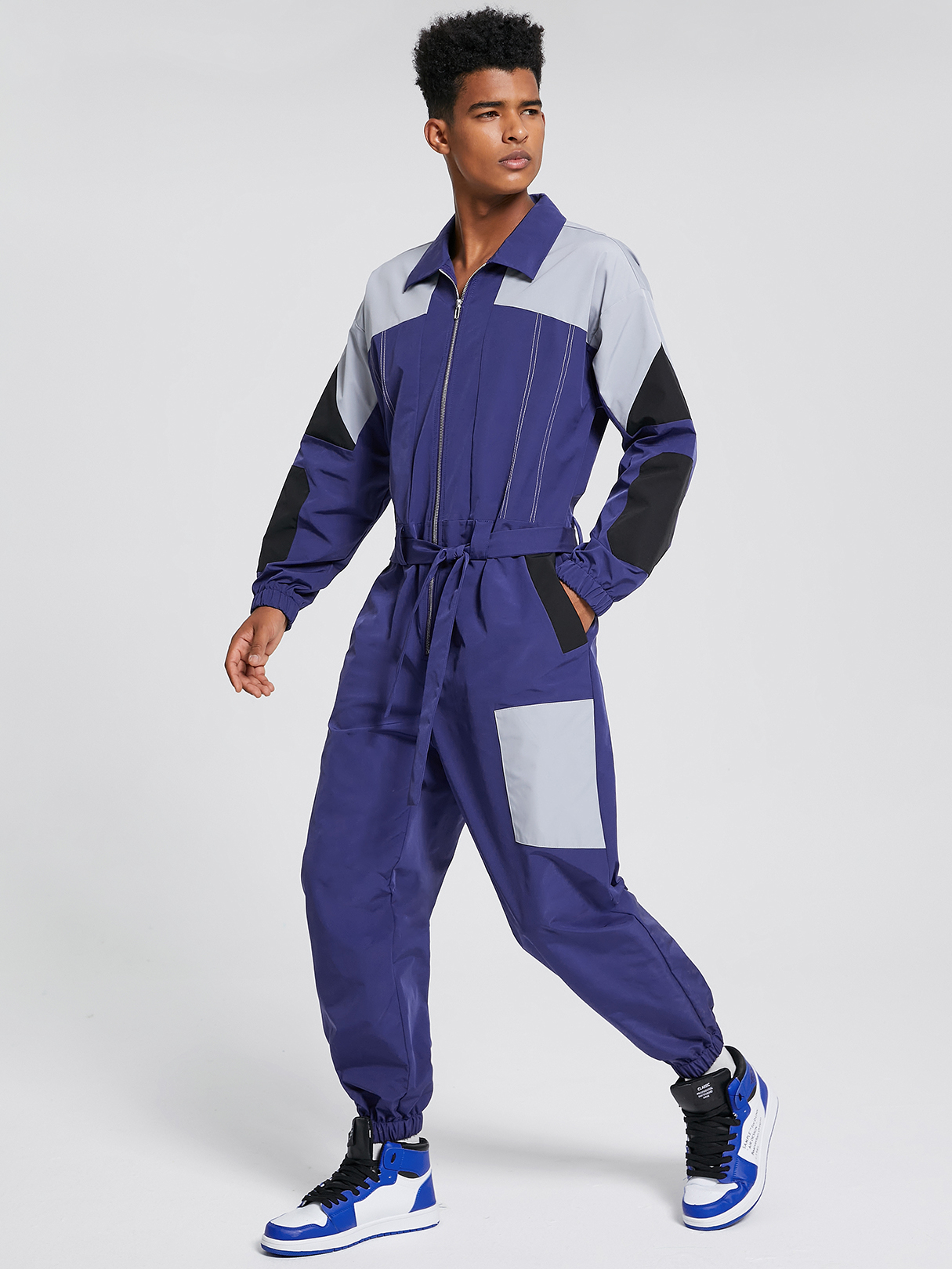 Men Color Block Belt Design Zip Front Overalls Jumpsuit