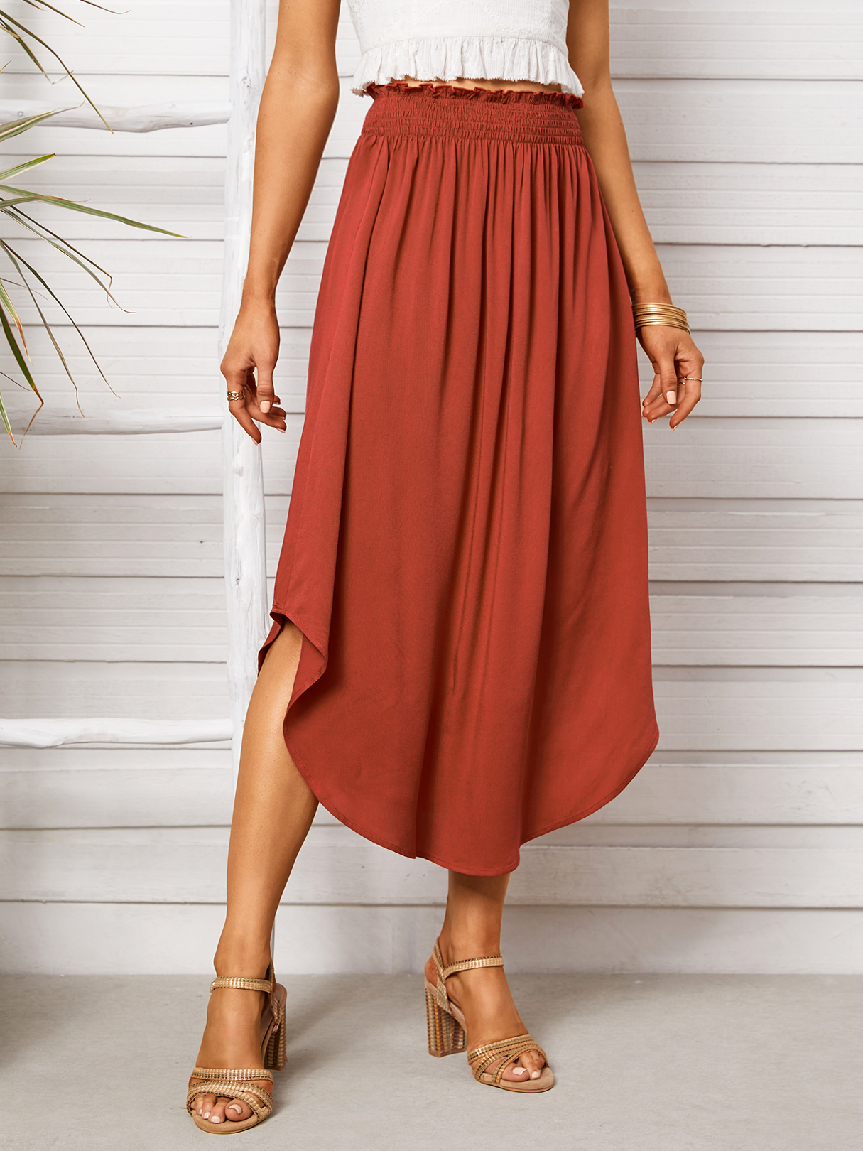 YOINS Shirring Lettuce-Edge Curved Hem Midi Skirt
