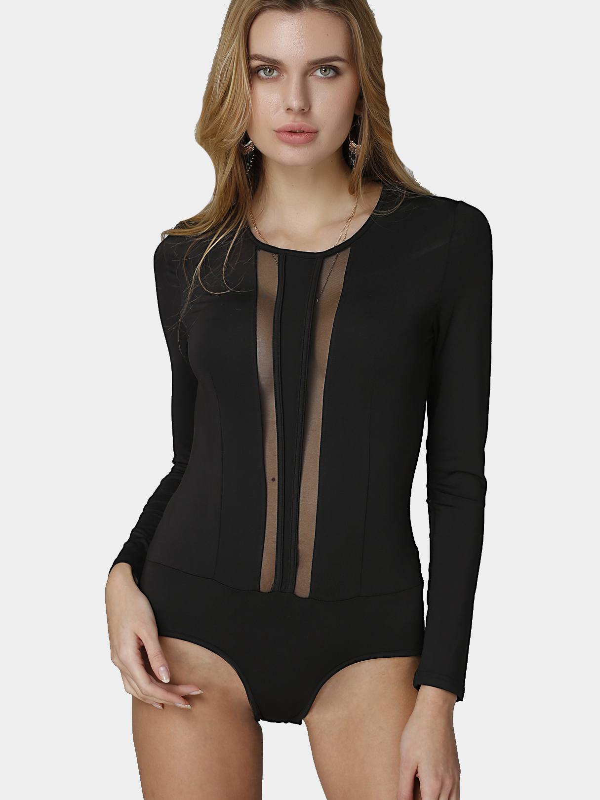 Sexy Black Round Neck Hollow Long Sleeves Bodysuit