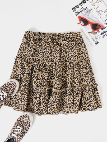 Khaki Leopard Drawstring Waist Mini Skirt