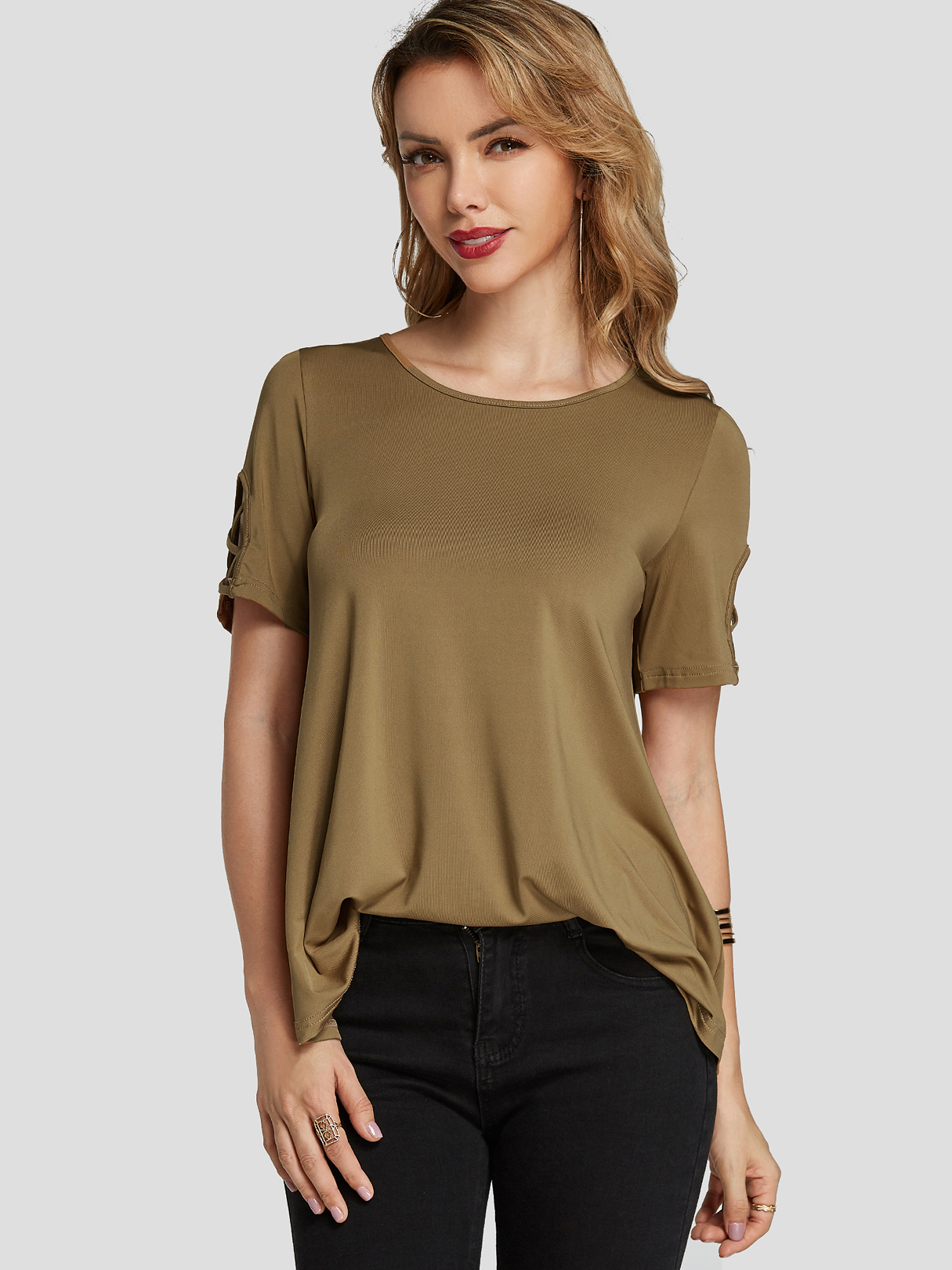 YOINS BASICS Camel Criss-cross Round Neck Short Sleeves Casual Tee