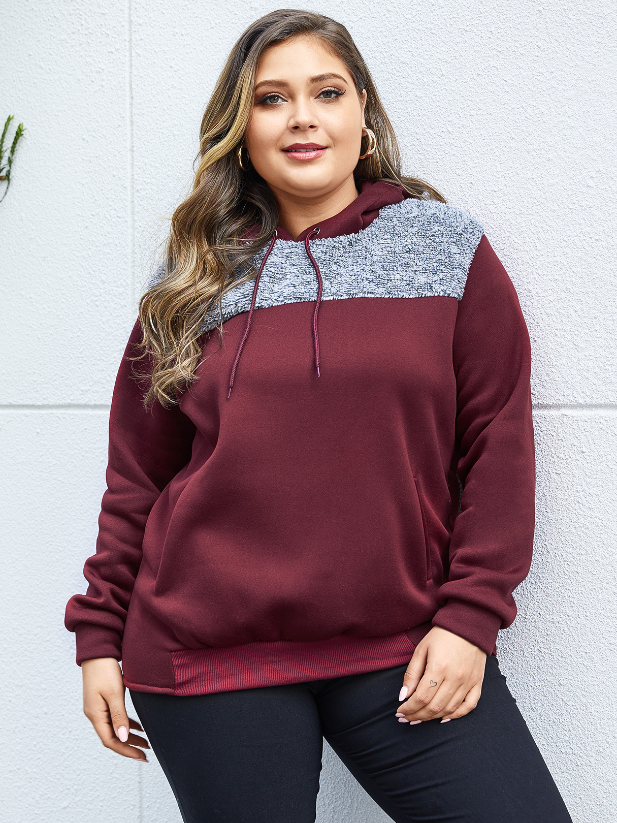Plus Size Burgundy Hooded Design Patchwork Sweatshirt
