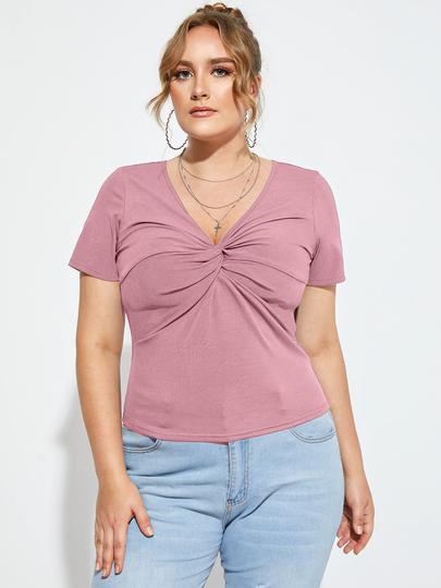 YOINS BASICS Plus Size V-neck Twist Short Sleeves Tee