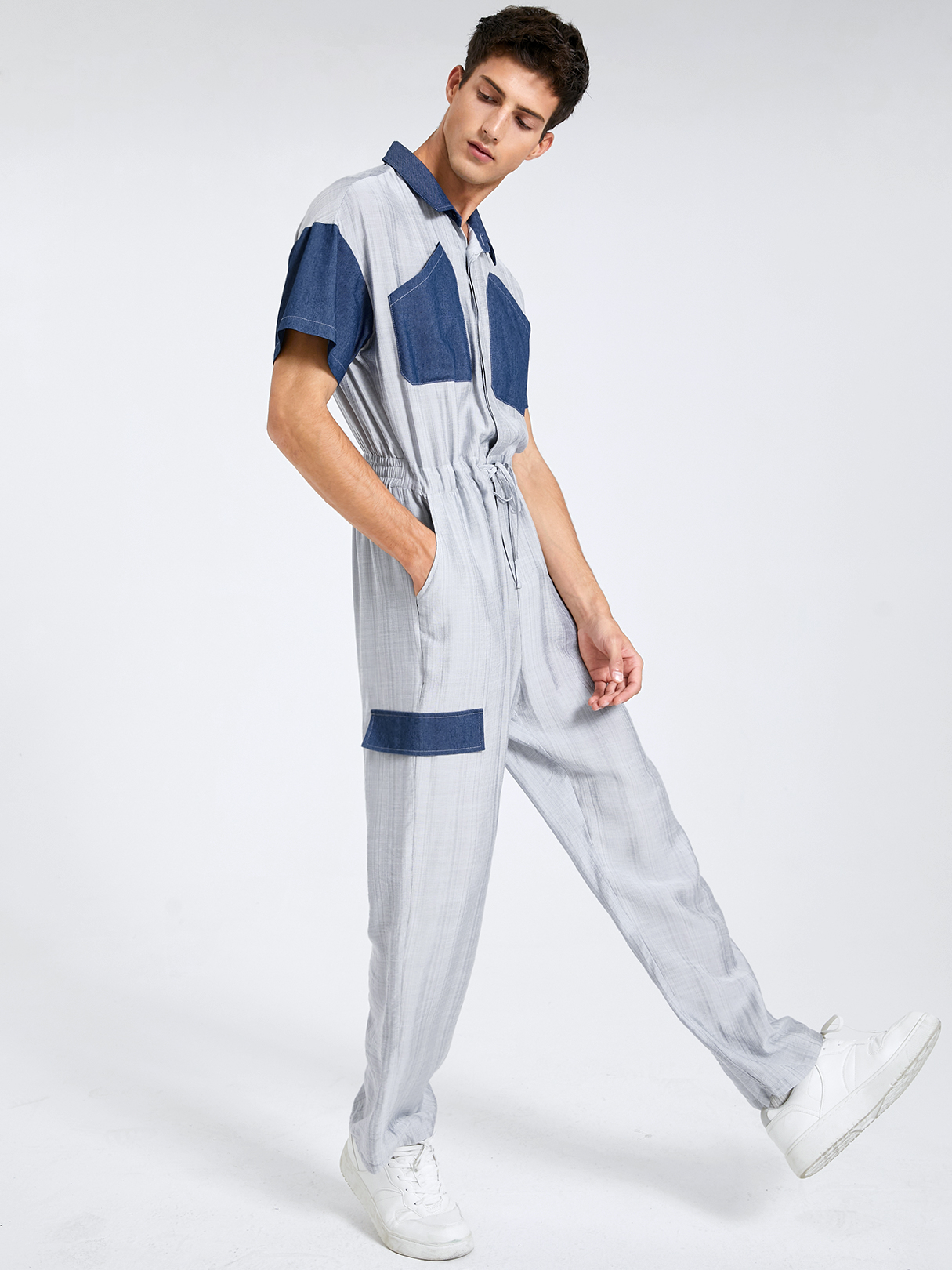 Men Fashion Color Block Splicing Drawstring Short Sleeves Overalls Jumpsuit