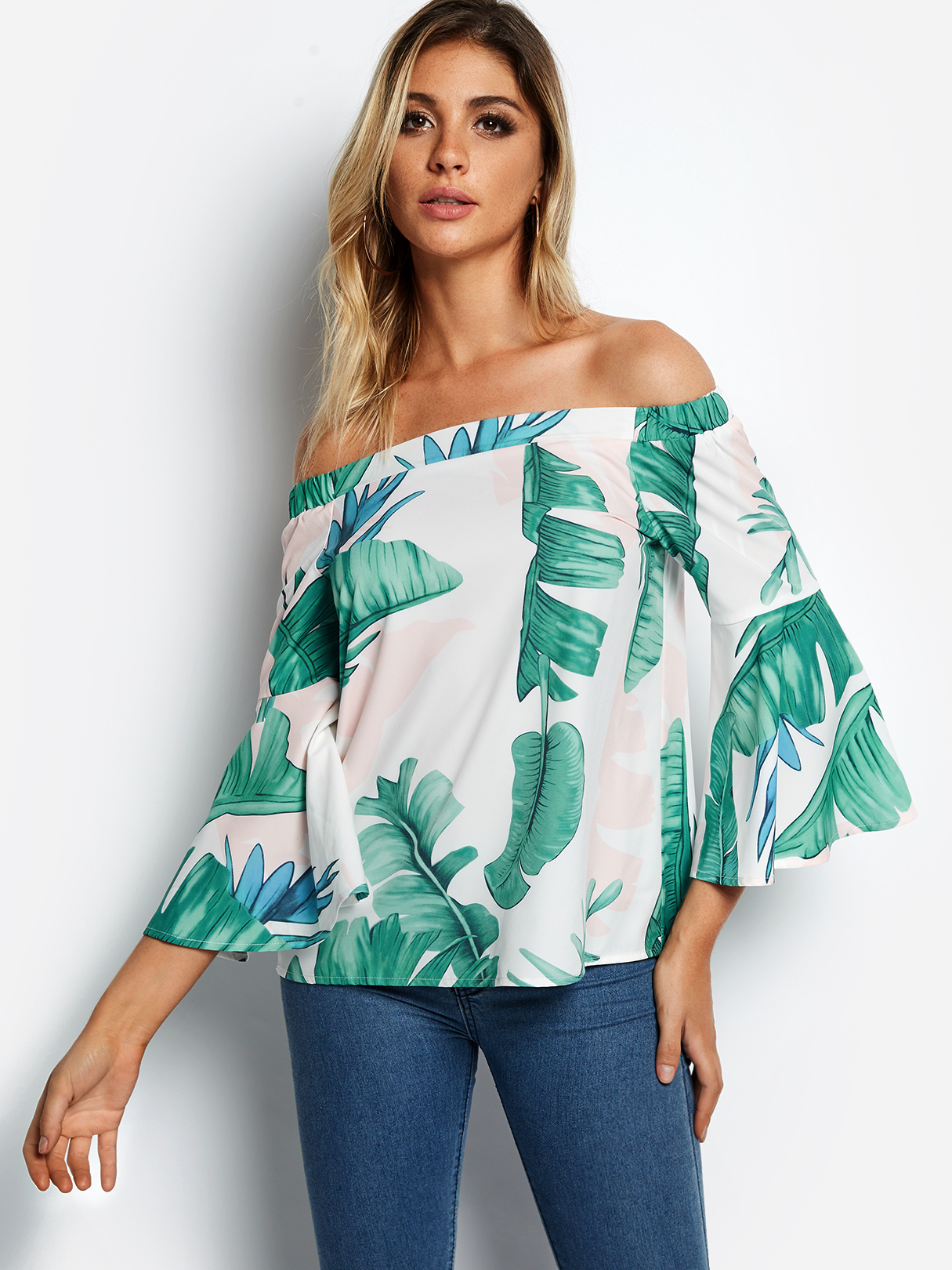 White Random Leaf Print Off Shoulder Bell Sleeves Blouse