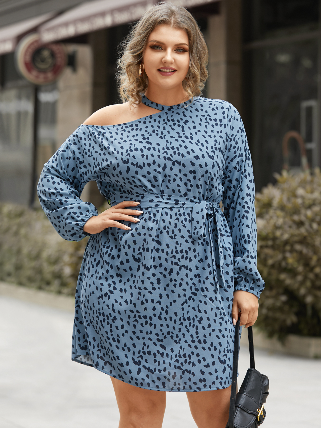 YOINS Plus Size Polka Dot Cut Out Belt Design Long Sleeves Dress