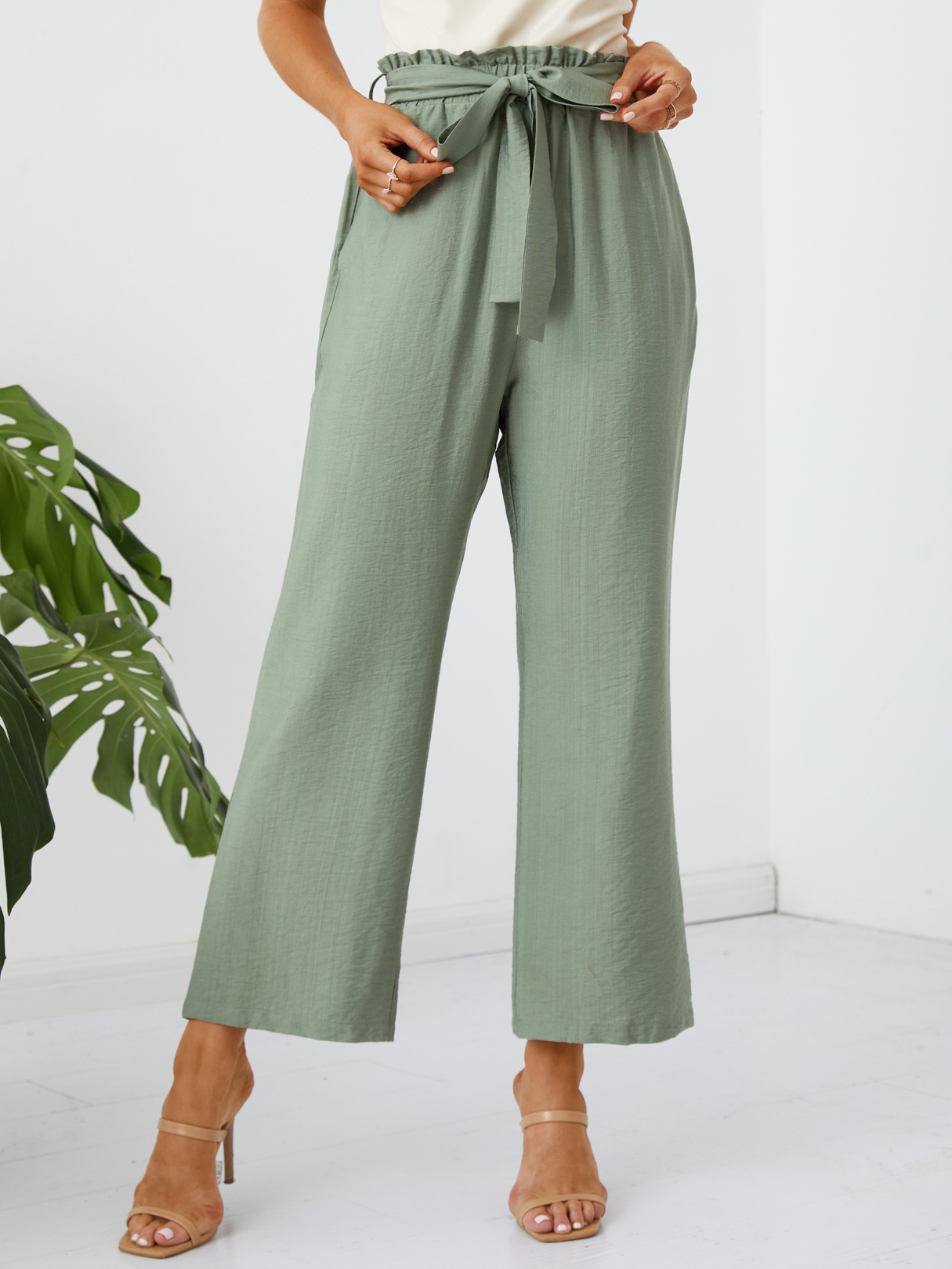 YOINS Green Belt Design High Waist Wide Leg Pants