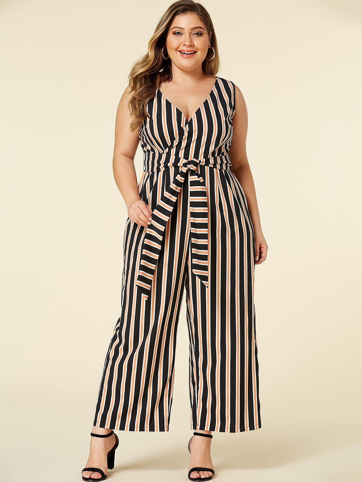 YOINS Plus Size Black Stripe Belt Design Jumpsuit