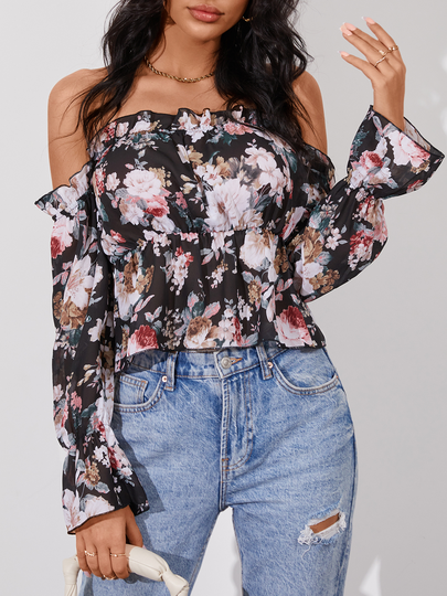 YOINS Black Random Floral Print Ruffle Off The Shoulder Long Sleeves Blouse