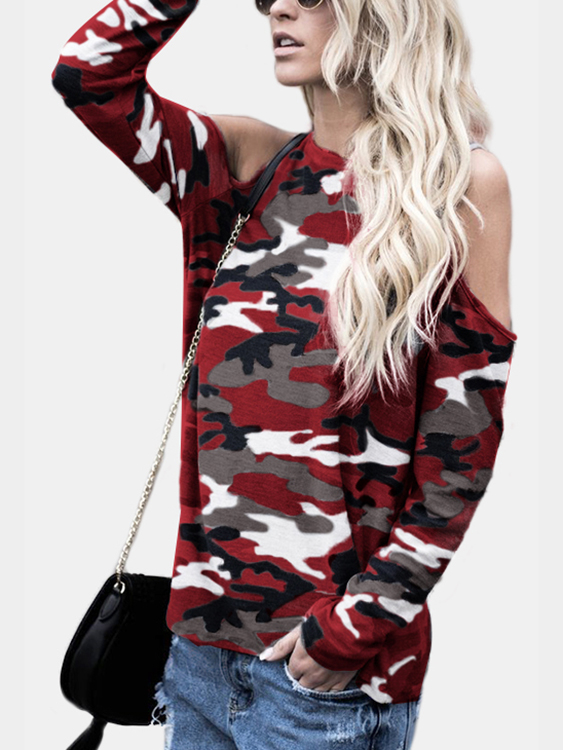 Burgundy Camouflage Round Neck Cold Shoulder Long Sleeves T-shirt