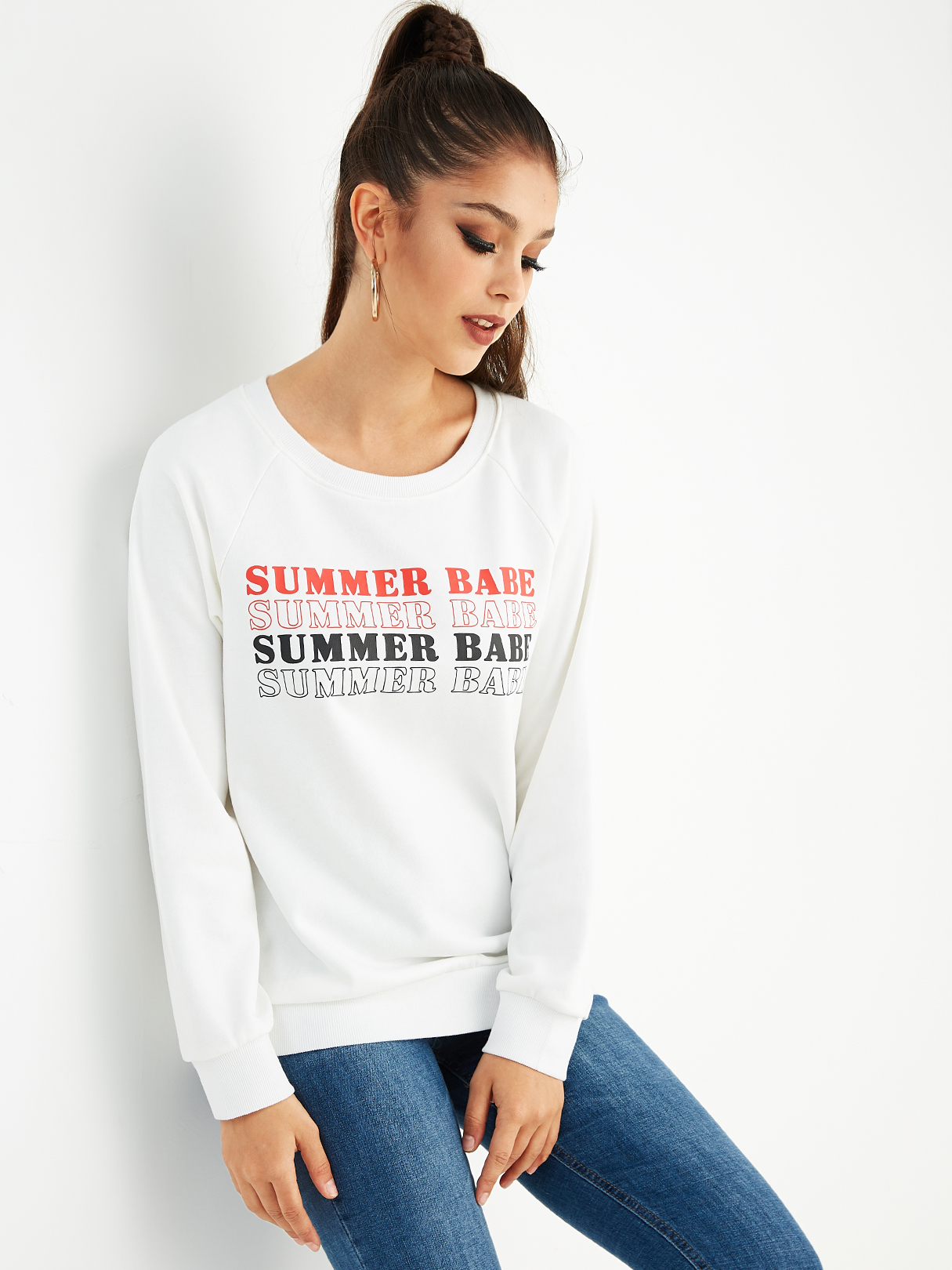 White Letter Round Neck Long Sleeves Casual Sweatshirt
