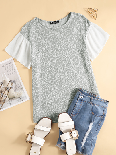 YOINS Grey Calico Patchwork Crew Neck Short Sleeves Tee
