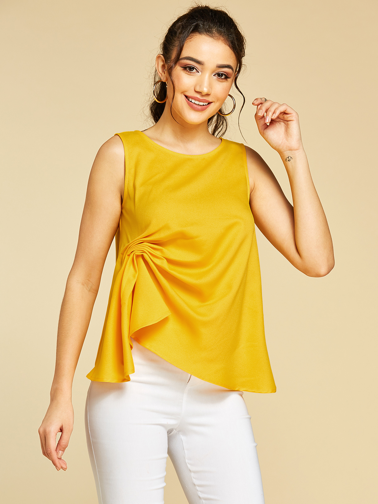 YOINS Yellow Twist Round Neck Sleeveless Tank Top