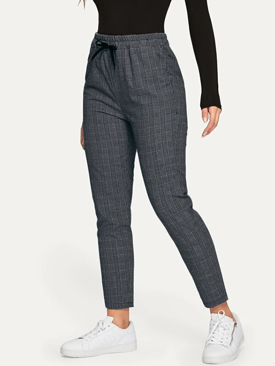 Grey Check Drawstring Design Pants