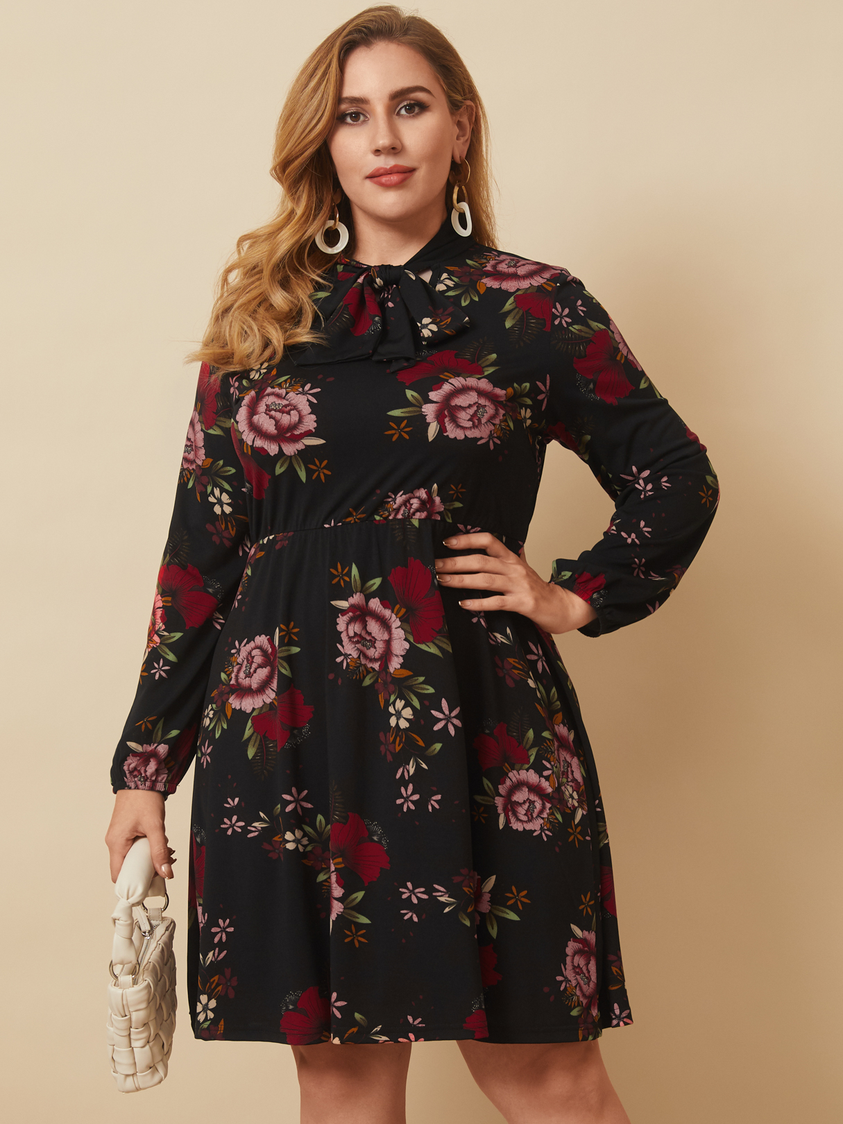 YOINS Plus Size Floral Print Tie-up Design Long Sleeves Mini Dress