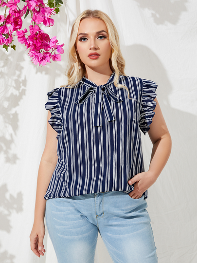 YOINS Plus Size Striped Bowknot Short Sleeves Blouse