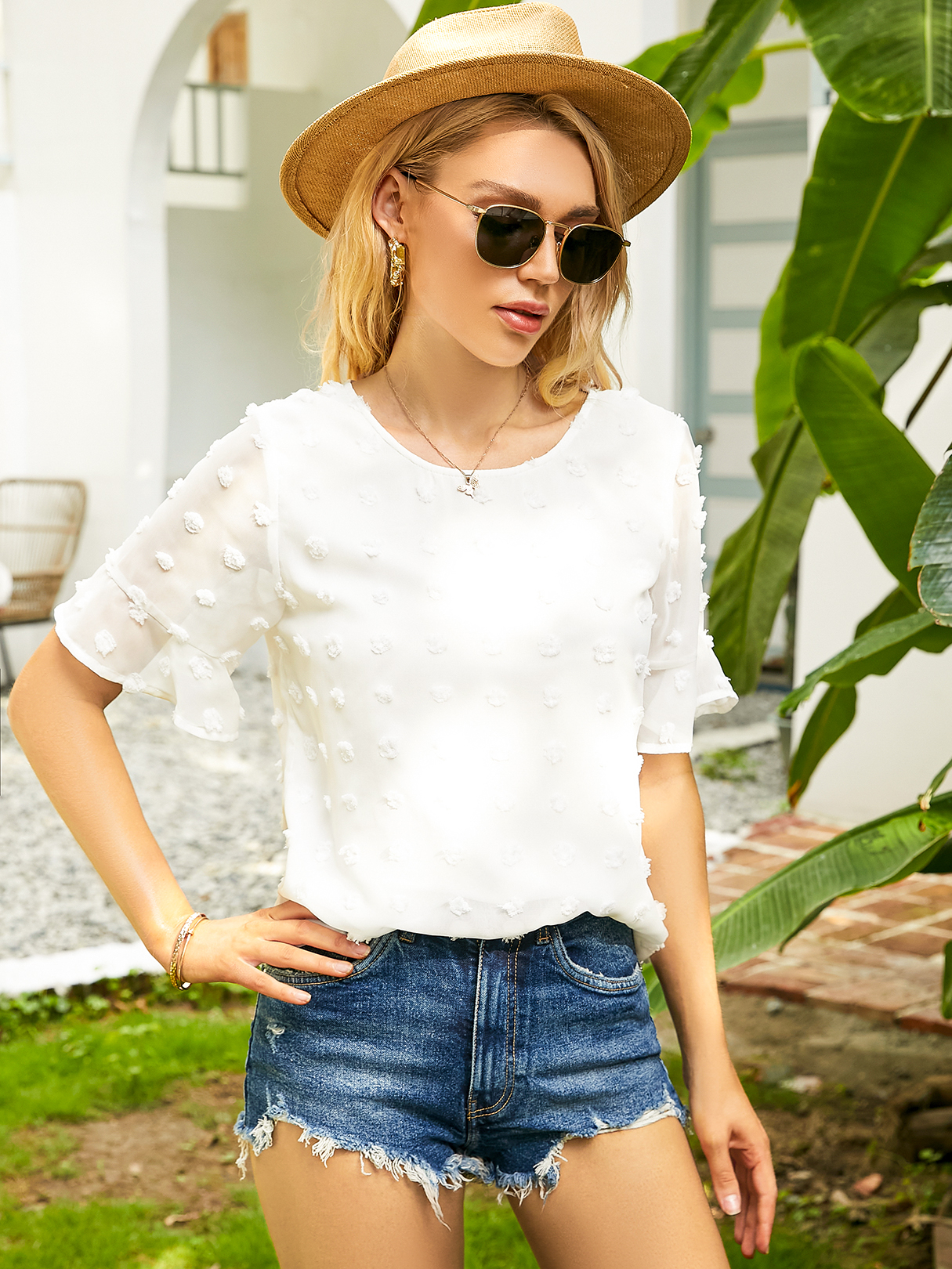 YOINS Swiss Dot Round Neck Short Sleeves Blouse