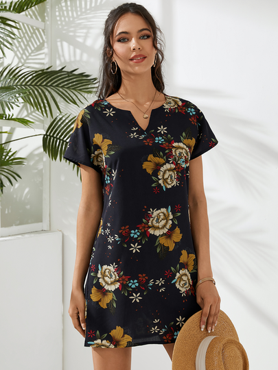 YOINS Black Random Floral Print V-neck Short Sleeves Mini Dress