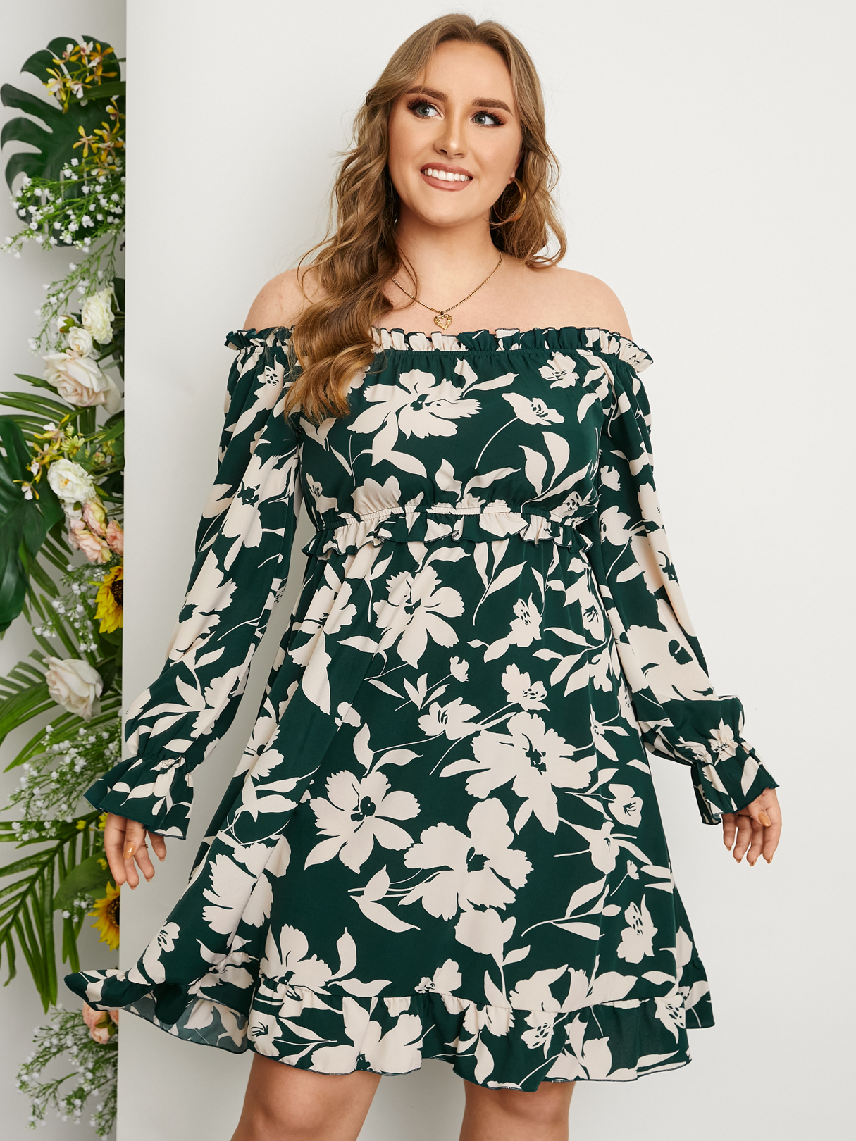 YOINS Plus Size Off The Shoulder Floral Print Lettuce-Edge Long Sleeves Dress