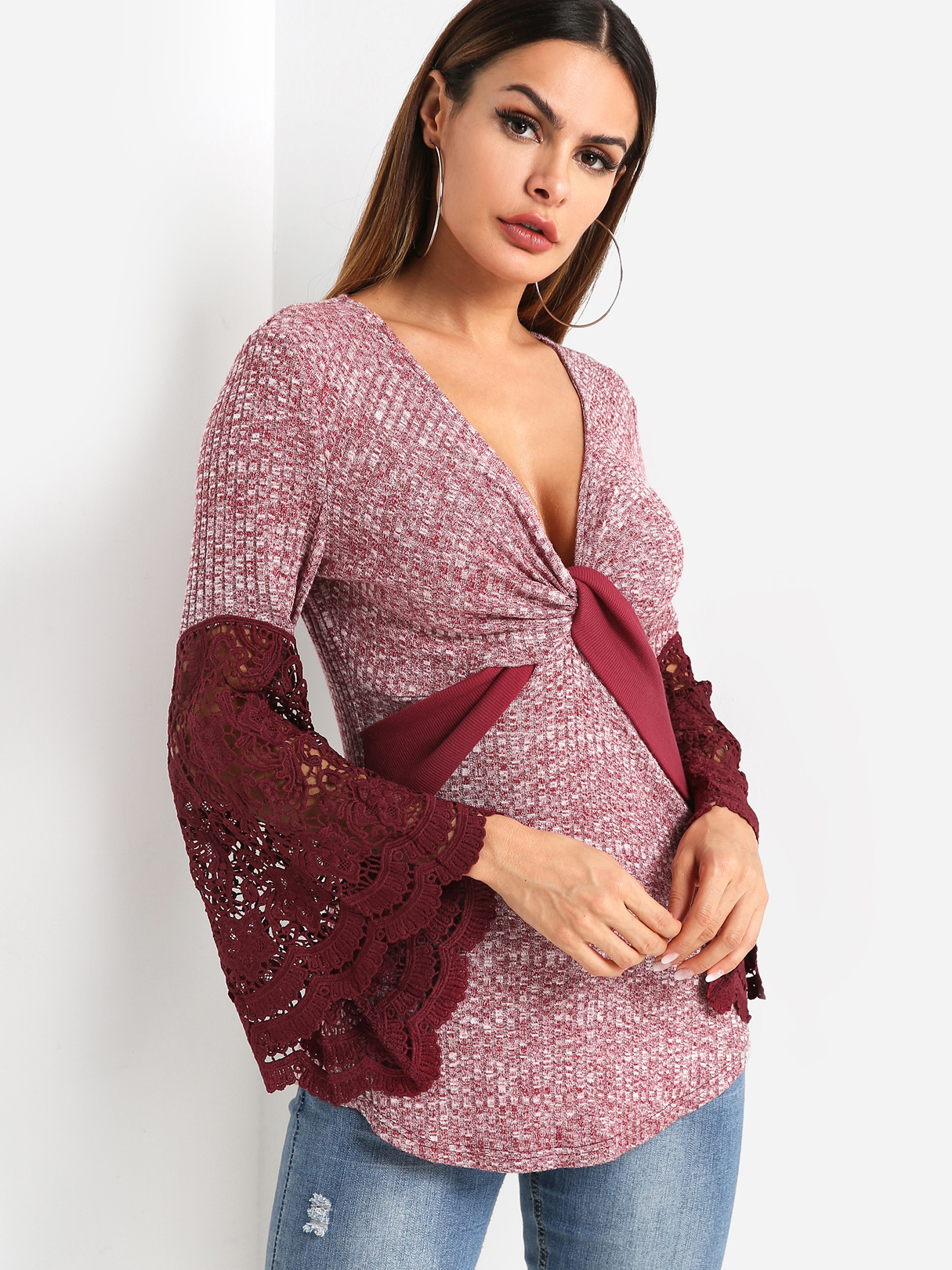 Cameo Lace Inset Deep V Neck Long Sleeves Knitted Top