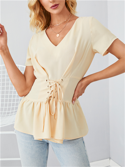 YOINS Criss-cross Corset V-neck Short Sleeves Blouse