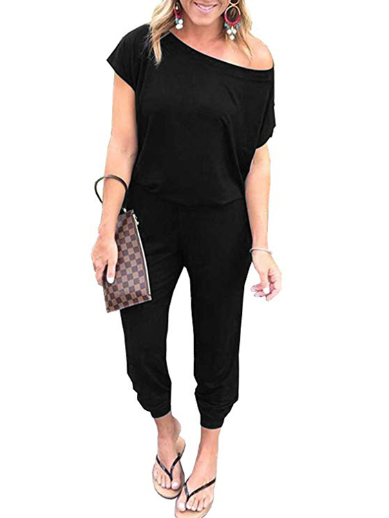 Black Button Keyhole Design Short Sleeves Jumpsuit