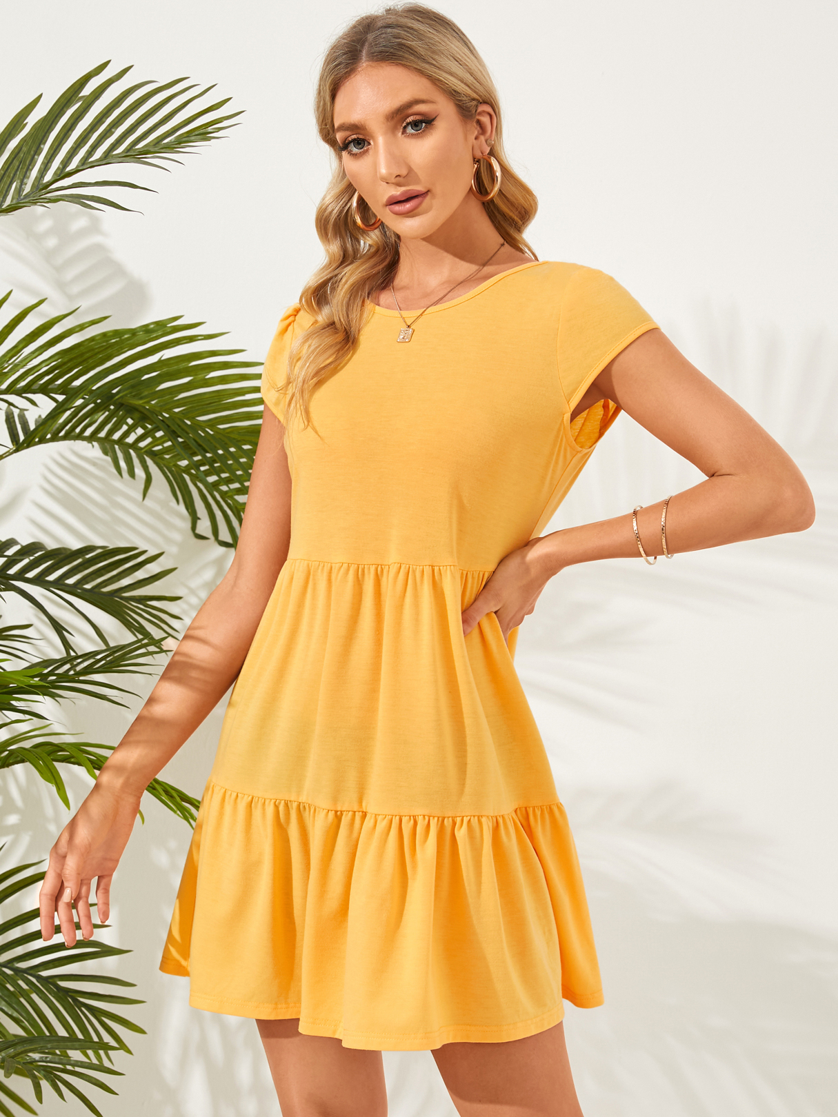 YOINS Round Neck Tie-up Design Short Sleeves Mini Dress