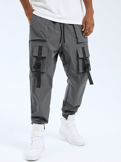 Men Casual Grey Buckle Ribbon Cargo Pants