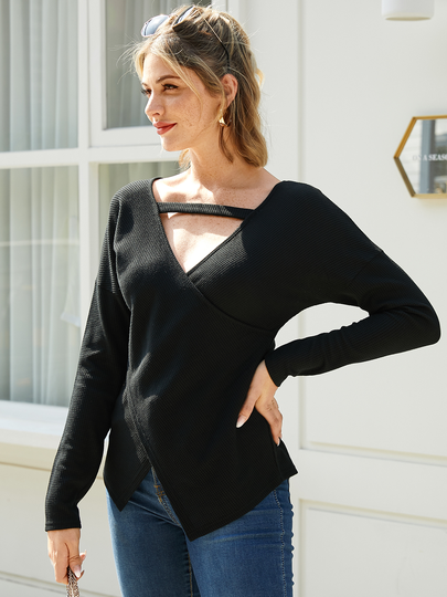 YOINS Black Wrap Deisgn Cut Out V-neck Long Sleeves Top